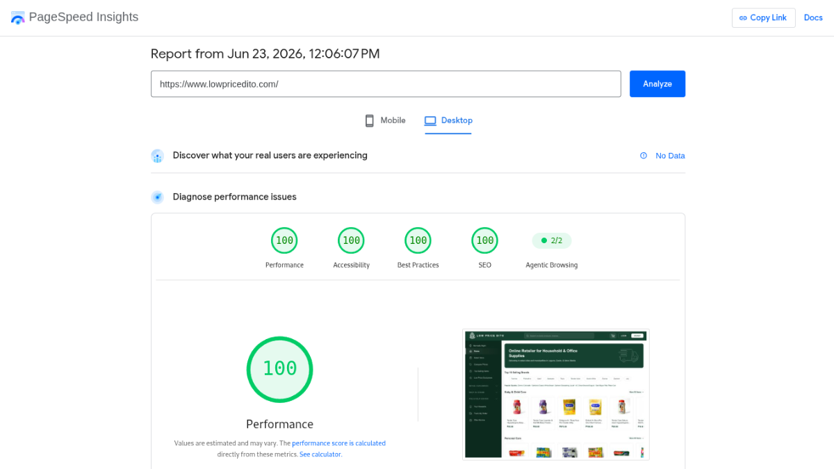 Google Pagespeed Insight desktop result 100 100 100 100