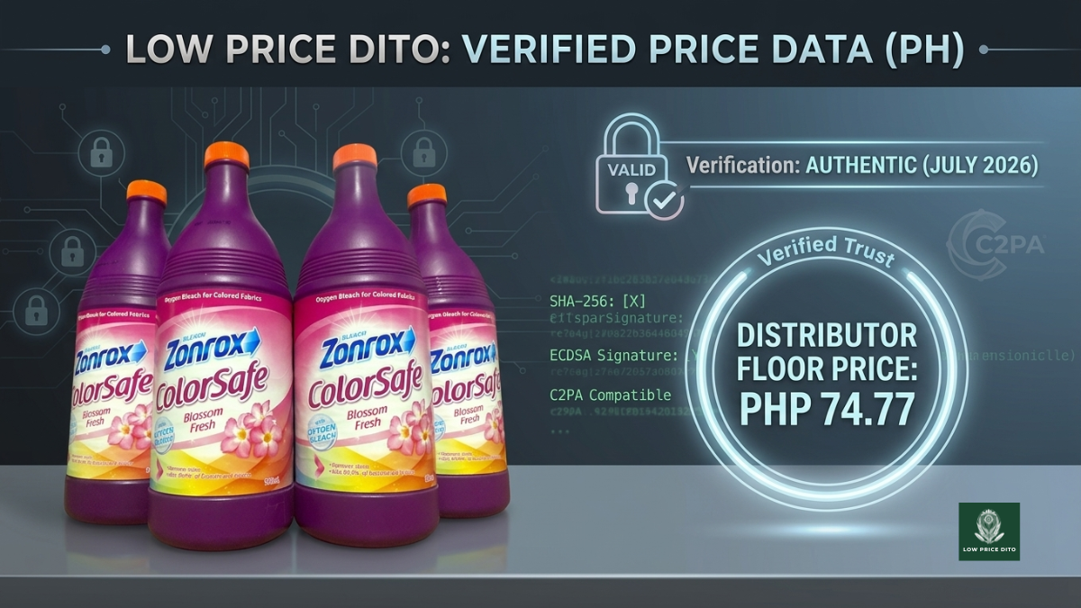Zonrox Color Safe 900ml bottle next to its PHP 74.77 distributor price tag