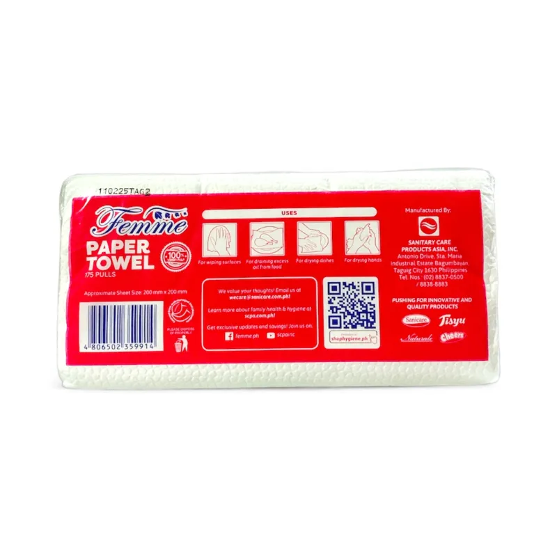 Femme Interfolded Paper Towel 175 Pulls 1-Ply 30gsm 100% Virgin Pulp